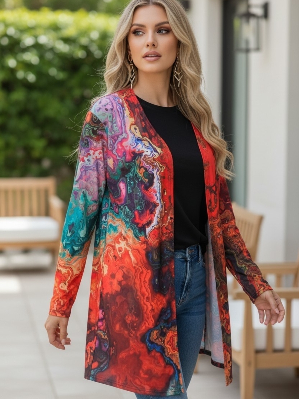 Gorgeous Vibrant Multicolor Abstract Open Cardigan